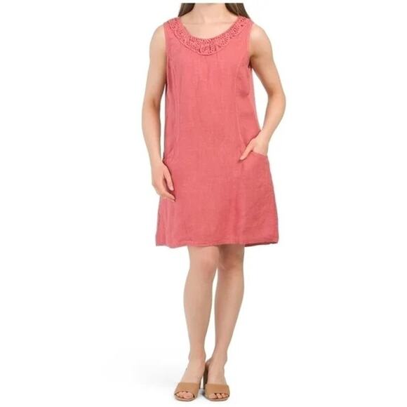 Lungo L'arnoPink 100% Linen Soutache Neck Dress     Size: M - Picture 1 of 6